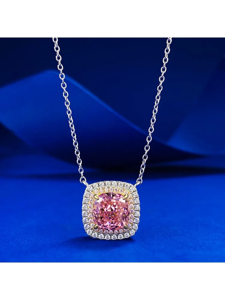 

Women's 925 Sterling Silver Pink Square Pendant Necklace with Tassel Charm Choker Fashion Jewelry for Wedding Party Accesso