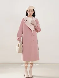 ALXNAN Autumn Winter Pink Woolen Coat for Women 2024 Sweet Single Breasted Straight Long Sleeve Warm Overcoats Female LXN32018