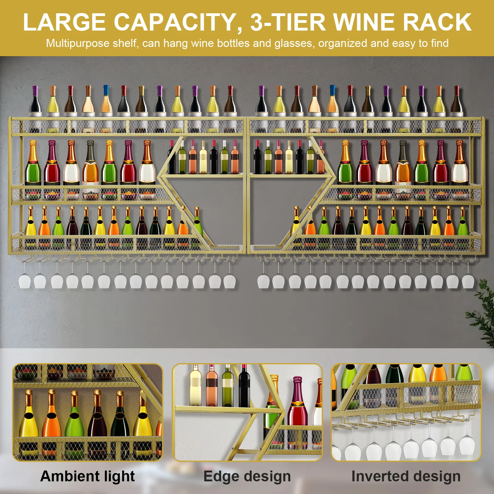 

Металлическая полка для хранения и демонстрации винных бутылок с держателем для бокалов, подставка для бутылок с алкоголем для дома и столовой