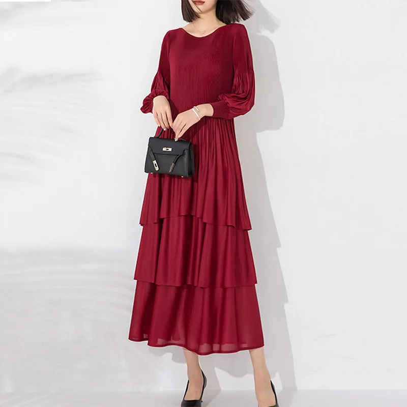 Miyake vestido plissado nova chegada elástico estiramento pulôver estilo lanterna mangas em camadas bolo camada design vestidos de moda feminina