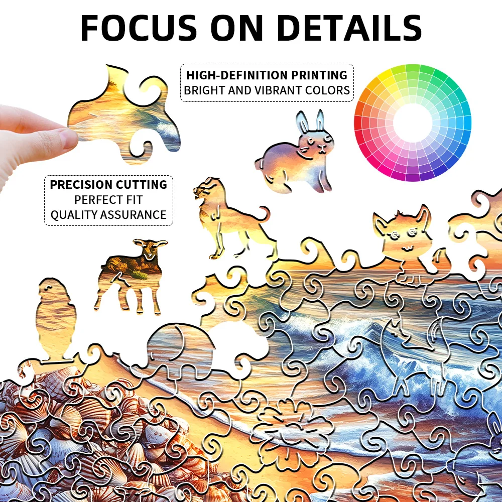 Hartvormige schelp strand houten puzzel |   Premium handgemaakt hersen-playspel met onregelmatige dierenvormen |   Luxe karton