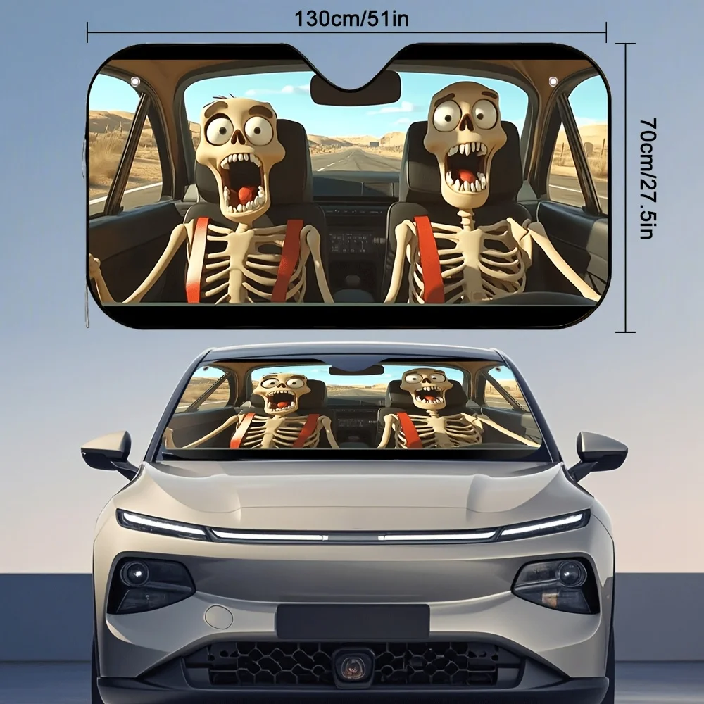 1pc Halloween Skeleton Road Design Car Sunshade – Stylish & Foldable, Keeps Your Car Cool, Easy Installation With 4 Suction Cups - Image 2