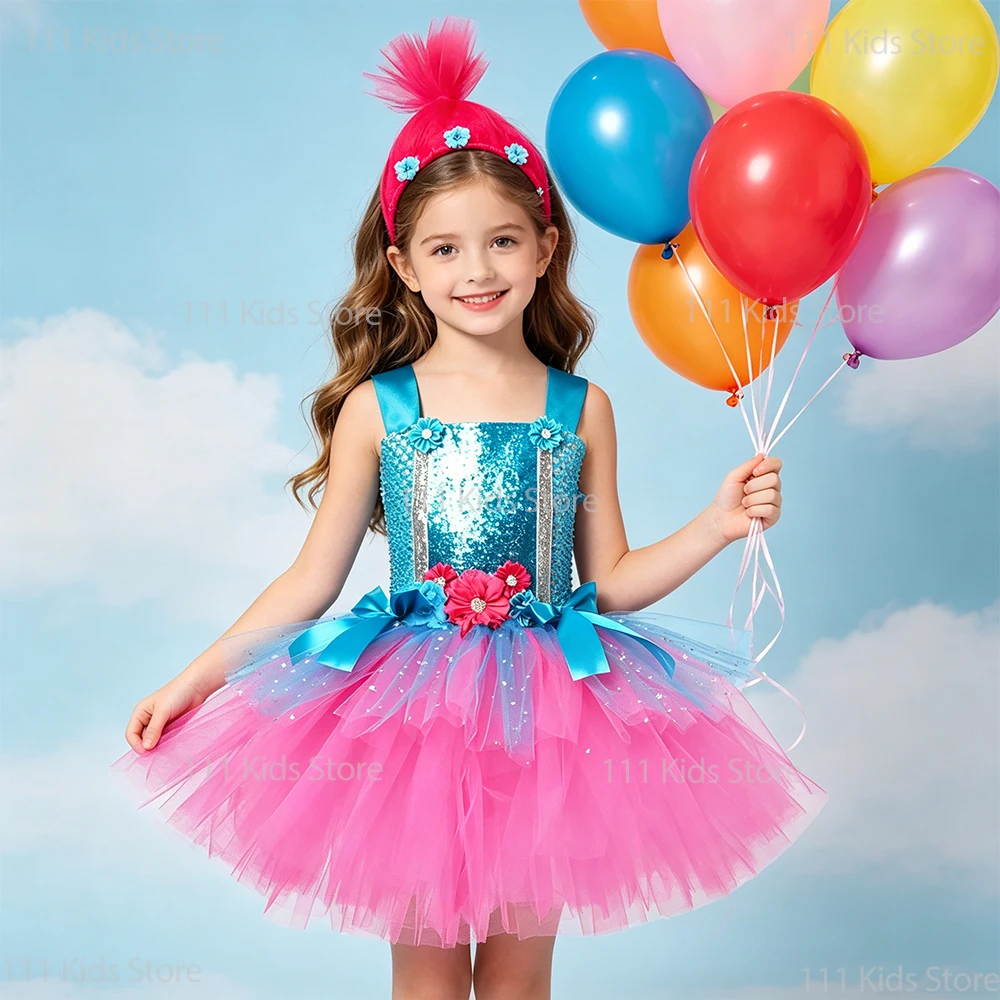 Vestido de Verano para Niñas, Vestido de Princesa Poppy, Disfraz de Trolls, Disfraz de Duendes Mágicos para Niños, Vestidos de Halloween, Regalo de Cumpleaños, Traje de Hada de las Flores