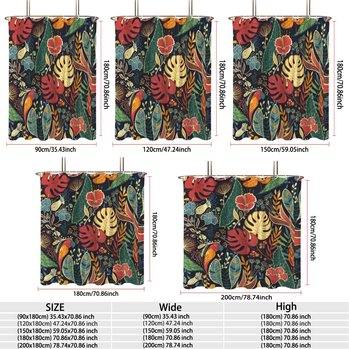 1PC retro tropical flower and bird plant print shower curtain, waterproof shower curtain partition, privacy hanging curtain