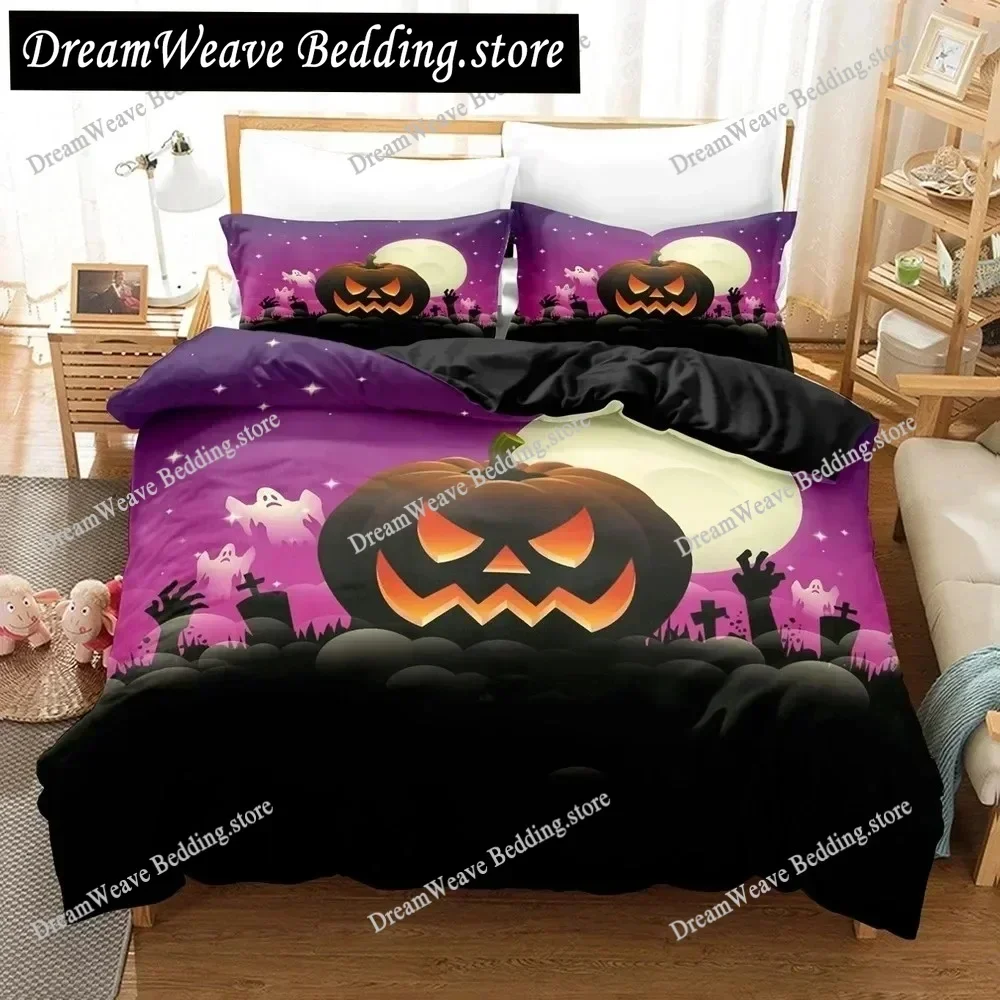 Halloween Bedding Set Pumpkin Duvet Cover Polyester Cartoon Horror Festival Bat Comforter Cover Twin King for Boys Adults Decor9