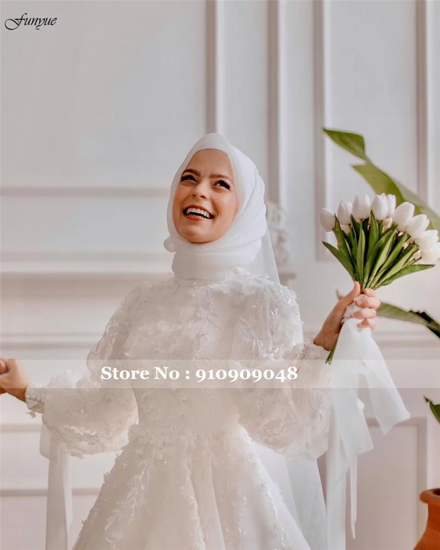 Funyue Arabic Dubai Vestido De Noiva Casamento A-Line Muslim Hijab Wedding Gown Full Sleeve Islamic Lace Bridal Dress for Bride