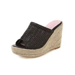 Slope heel sandals fairy wind grass plait tall cool slippers women wear fashion fish mouth super high heels