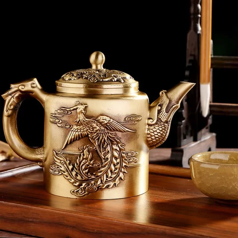 Yellow Brass Carved Dragon Phoenix Teapot Tarnishing Design Pair Dragons Phoenixes Wine Pot Antique Collection Handle Piece Rice