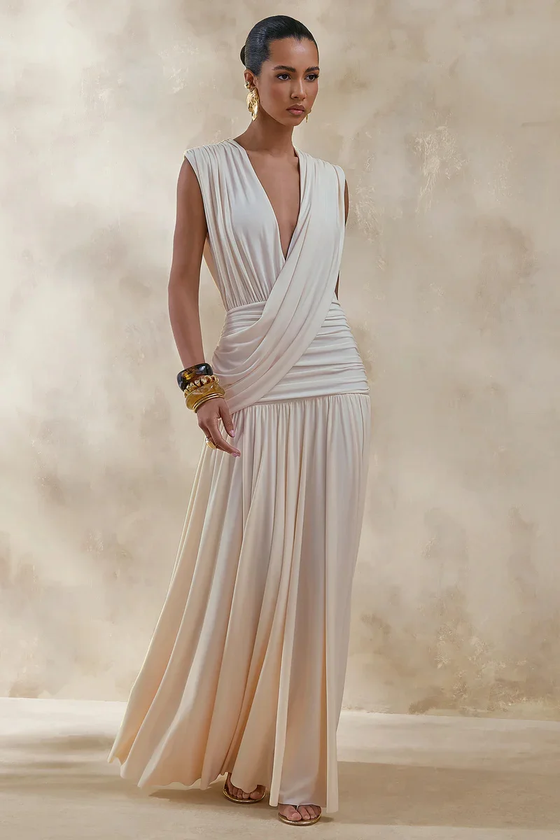 Mozision Elegant Deep V Neck Sexy Maxi Dress Women Fashion Sleeveless Draped Ruched Waist Bodycon Club Party Long Dresses Female