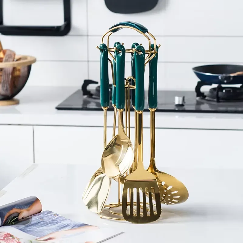 Promotional Kitchenware Cooking Gadgets 7pcs Kitchen Tools Stainless Steel Utensils Set with Stand