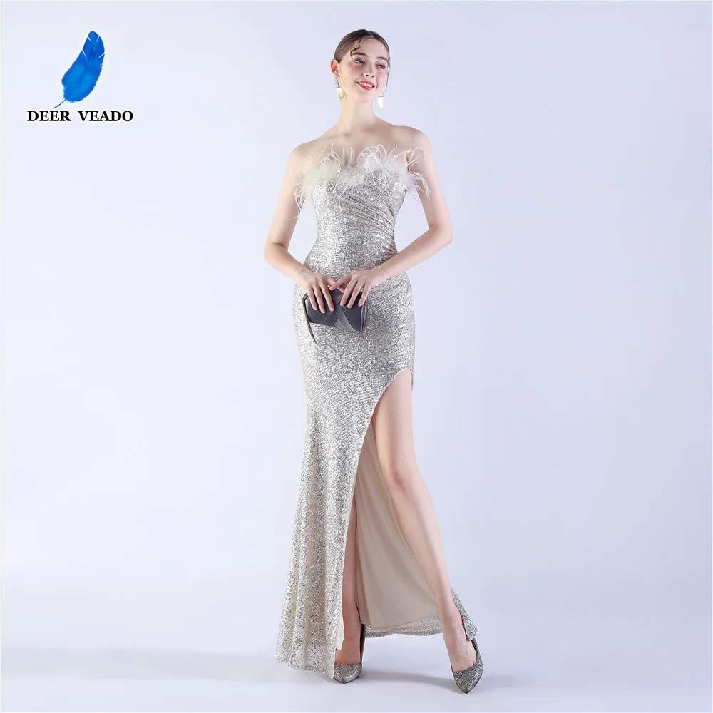 

DEERVEADO 6 Colors Mermaid Slit Sequined Evening Dresses Woman Elegant Formal Occasion Dress Wedding Party Dresses with Feathers