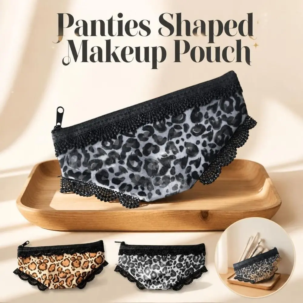Leopard Print Panties Shaped Makeup Pouch Zippered Portable Mesh Cosmetic Bag Lace Trimmed Transparent Storage Pouch Daily Use