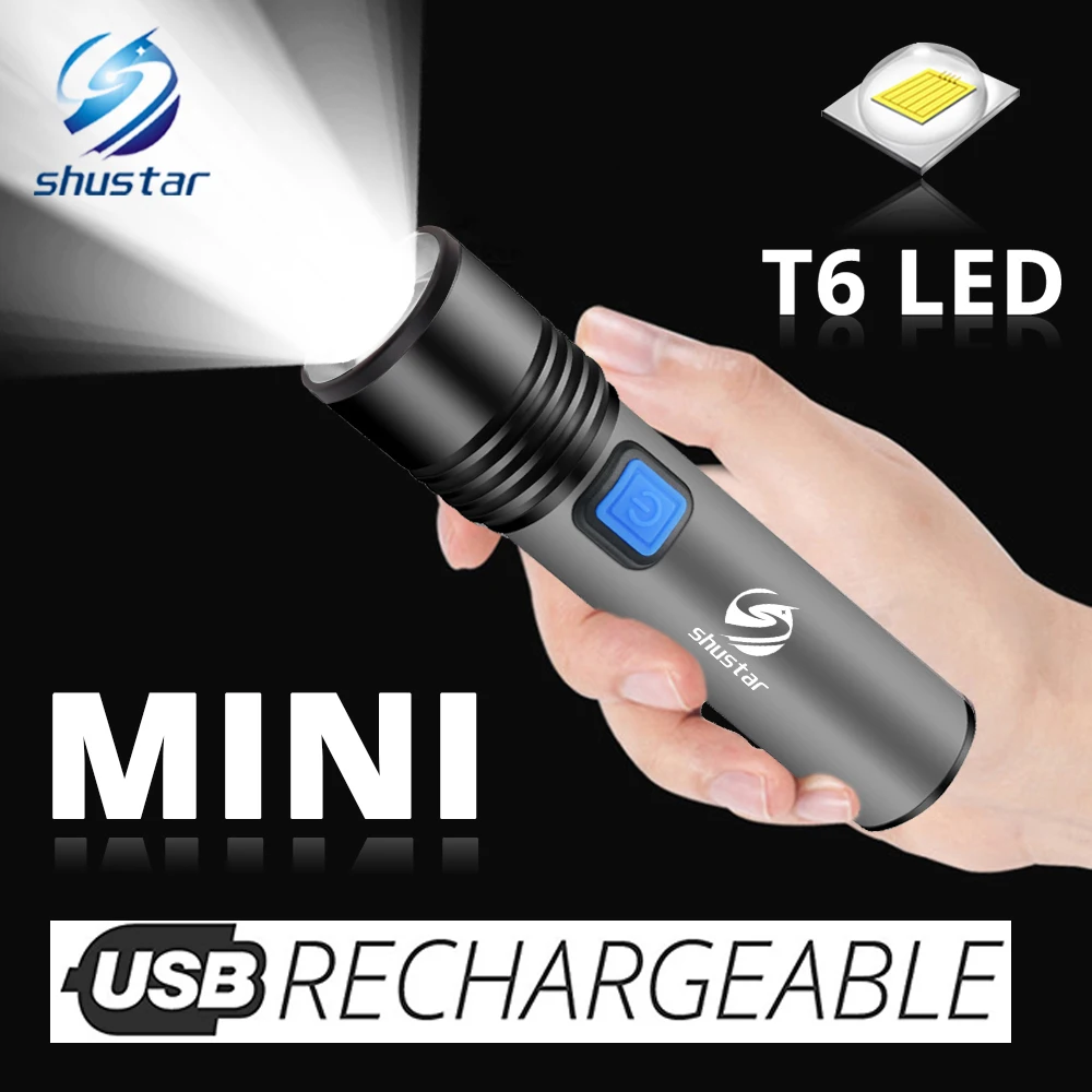 USB Rechargeable LED Flashlight With T6 LED Built-in 1200mAh lithium battery Waterproof camping light Zoomable Torch