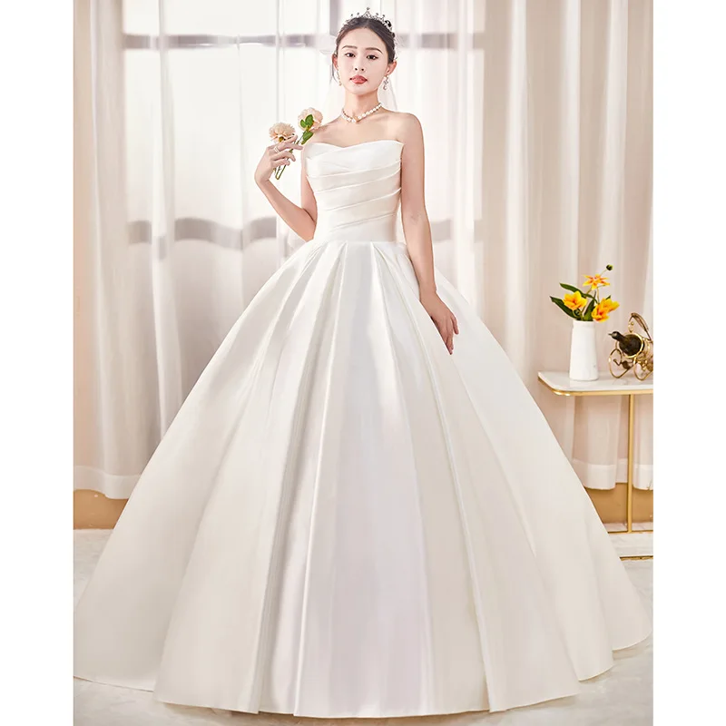 

Французское атласное без бретелек без рукавов, весеннее новое платье для невесты, простое танцевальное белое банкетное платье для взрослых, легкое свадебное платье по индивидуальному заказу