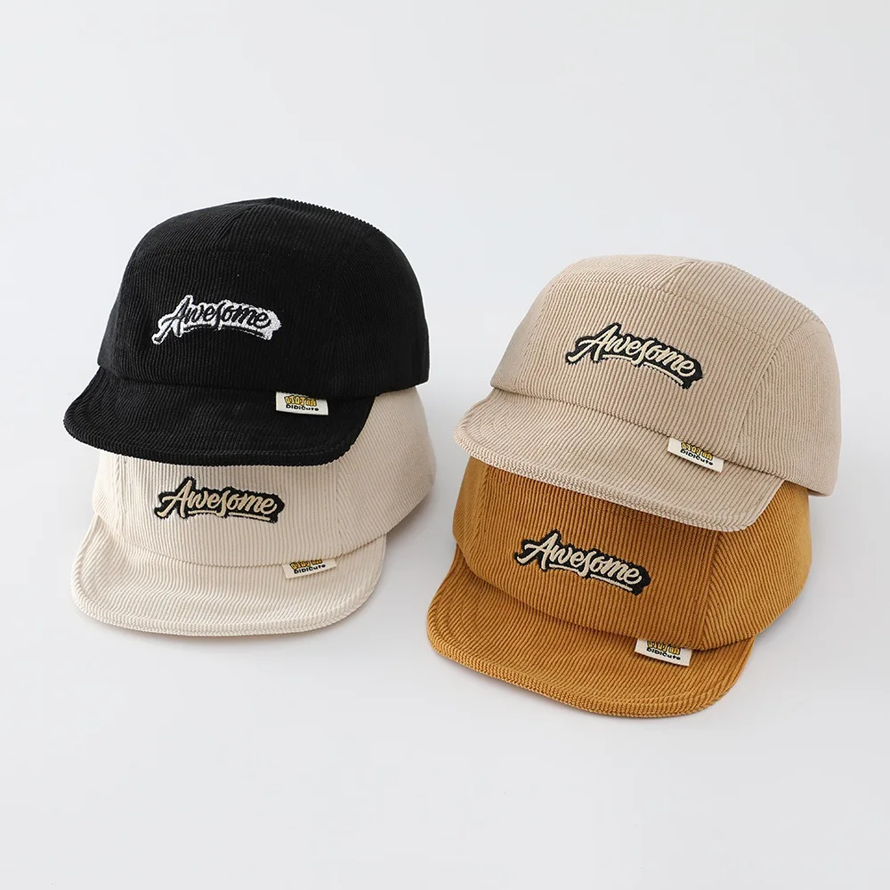 2026 Autumn Kids Corduroy Baseball Cap Letter Embroidery Children Hats Soft Brim Unisex Vintage Boys Girls Casual Sun Hat