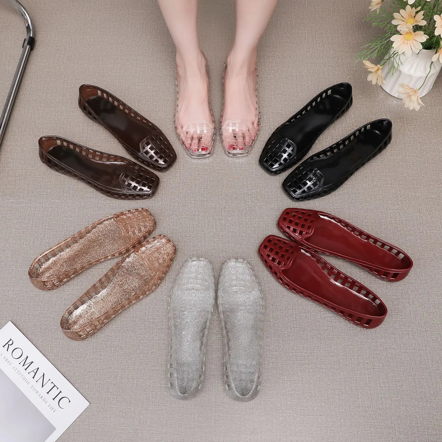 Shallow Mouth Jelly Single Shoes With Square Toe Hollowed Out Crystal Shoes, Wearing Flat Sandals With One Foot, Women's Sandals