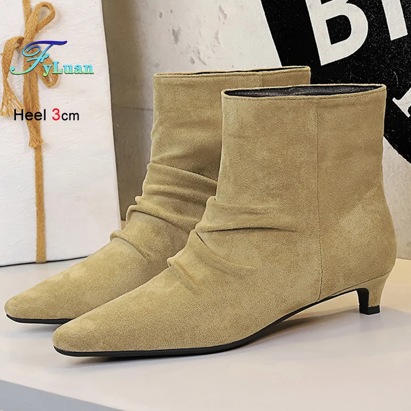 

Осень-зима, женские плиссированные замшевые ботильоны цвета хаки, модные ботинки на шпильке, нескользящие женские короткие ботинки с острым носком, мятые