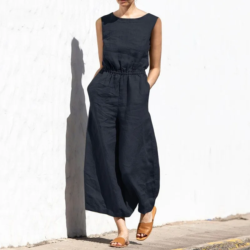 Women Solid Color Cotton And Linen Jumpsuit Sleeveless Pocket High Waist Wide Legs Pants Sets Casual Commuting Ladies Bodysuits