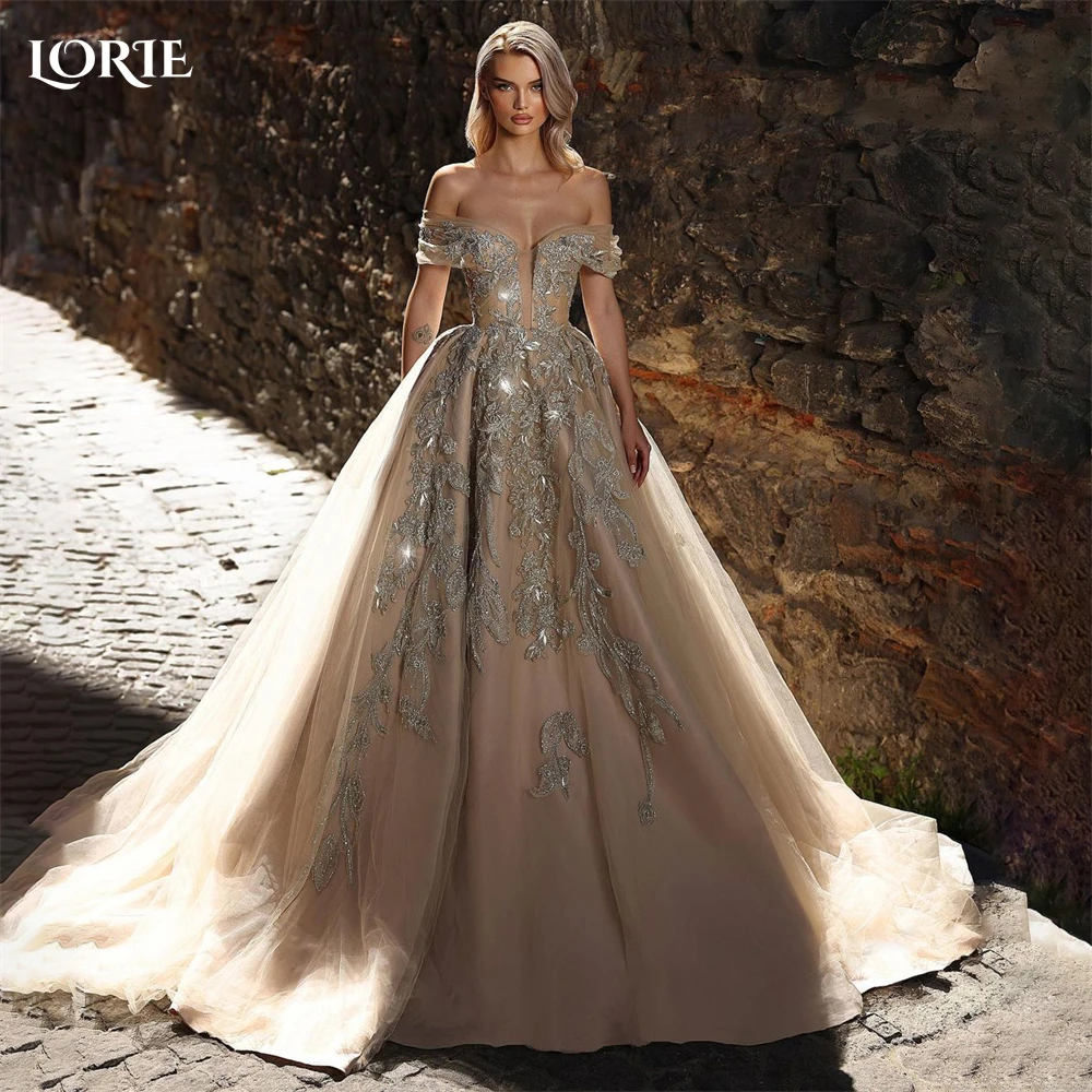 

LORIE Luxury Glitter Lace Champagne Wedding Dresses A-Line Sparkly Appliques Off Shoulder Bridal Gowns Backless Bride Dress 2024