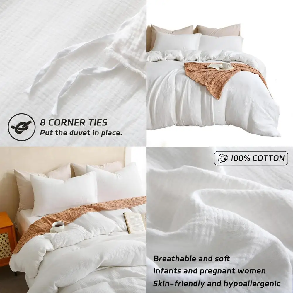 

Queen Size 100% Cotton Washed Muslin Duvet Cover Set, Soft Linen-Like 3-Piece Bedding with 2 Pillowcases, 90x90 Inches, White