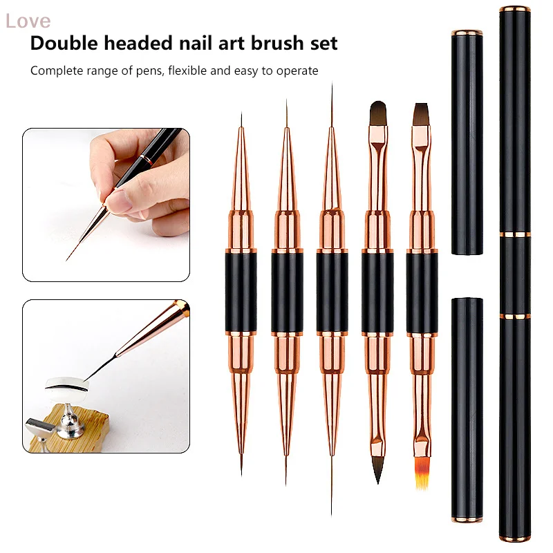 [L&P]5本セット ダブルヘッドメタルネイルデザインアートペン ディテールブラシ ネイルペイント 建築 エクステンション マニキュアツール DIY