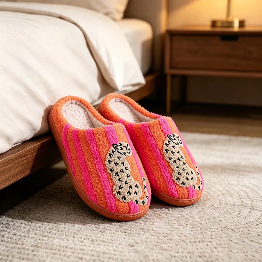 Ins-Style Cute Color-Block Embroidered Winter New Striped Leopard Print Plush Slippers for Women, Indoor Non-Slip Warm Plush Sh
