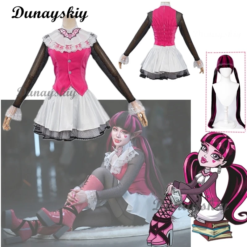 Monster Cos High: Draculaura przebranie na karnawał różowy garnitur wampirze Draculaura peruka Anime kobieta Cosplay kostiumy na Halloween buty