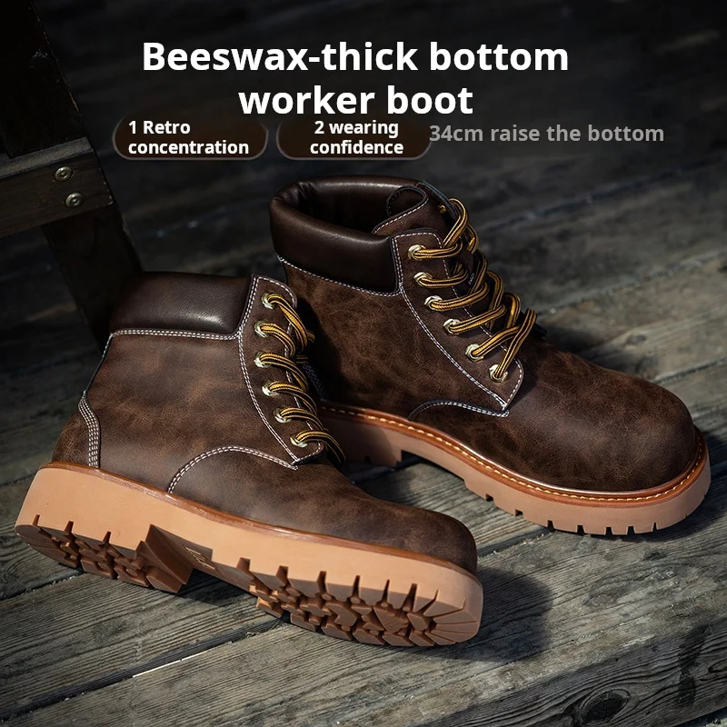 MRA Brown Color Thick Sole Work Boots New Retro Height Increasing Versatile Men Boots Outdoor Hiking Boots men's winter boots