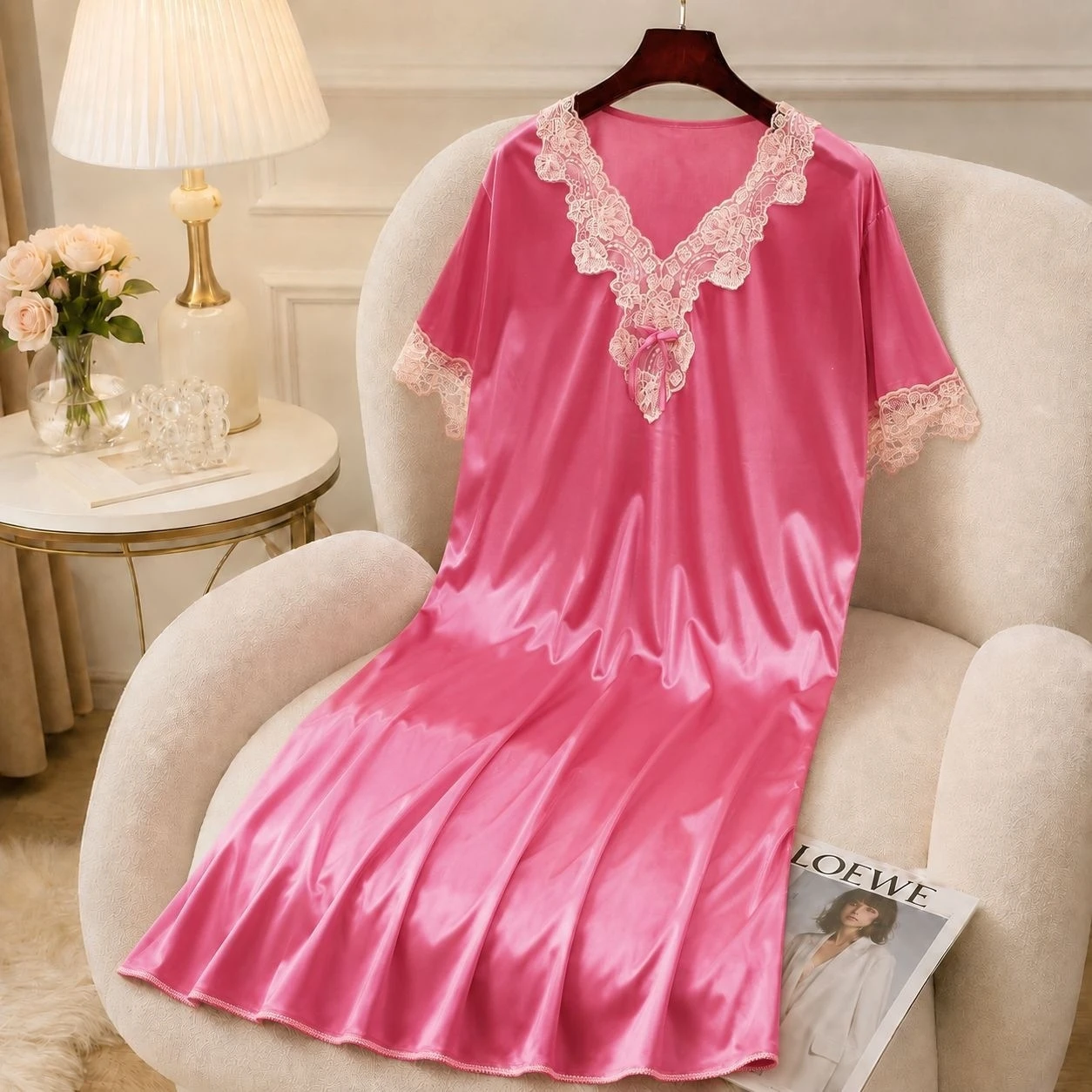 Summer Women Ice Silk Nightdress V Neck Lace Decor Short Sleeve Loose Satin Nightgown Elegant Casual Ladie Home Sleep Loungewear