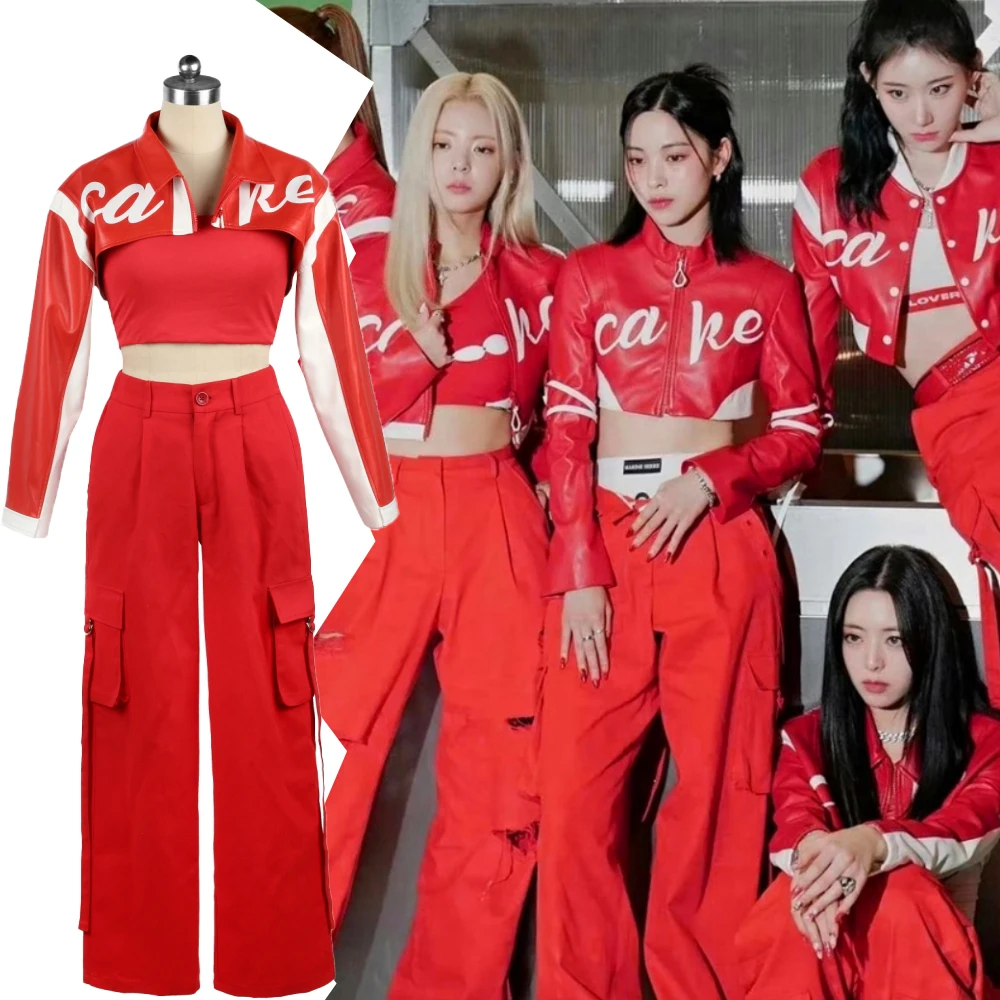 

Kpop Girl Group Jazz Dance Costume Outfits Sexy Red Zipper Jackets Straight Wide Leg Pants Performance Clothes Korean Stage Wear