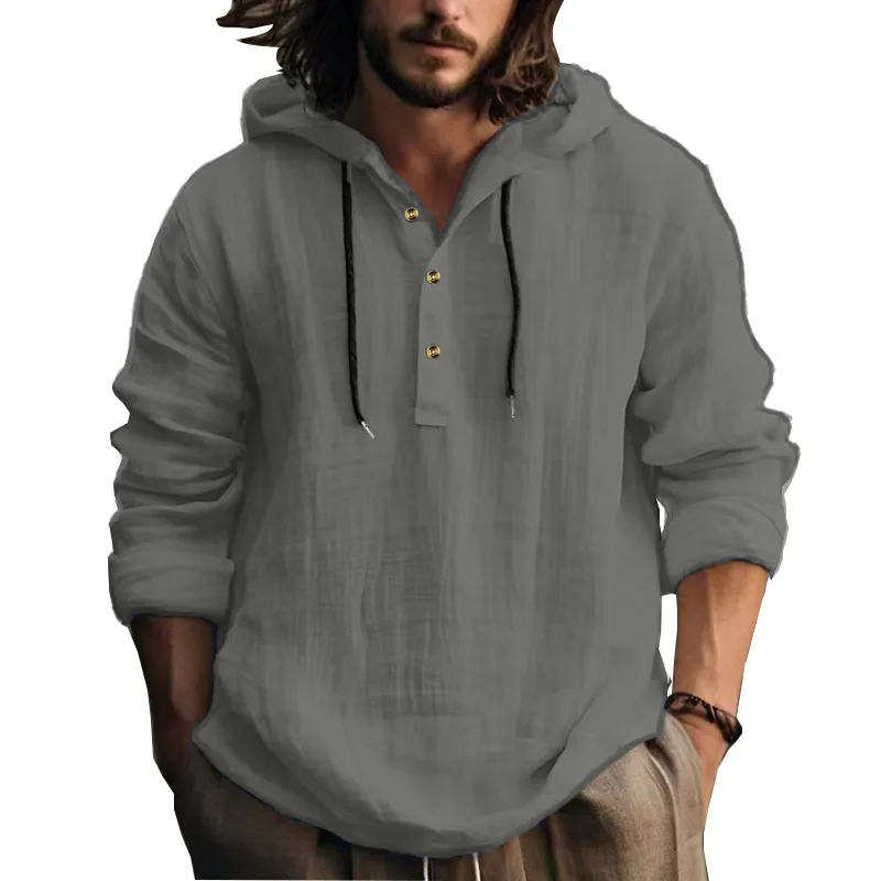 2024 New Cotton and Linen Shirt Men's Hooded Loose Large Size Casual Long-Sleeved Solid Color Button Men's Clothing Promotion