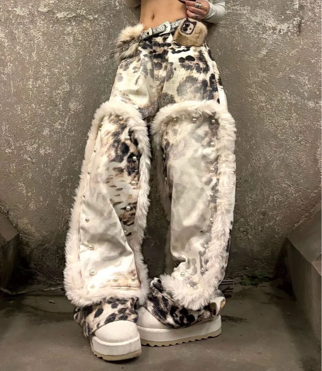 American retro jeans hot girl patchwork print leopard print street trousers personalized trendy wear loose floor-length jeans