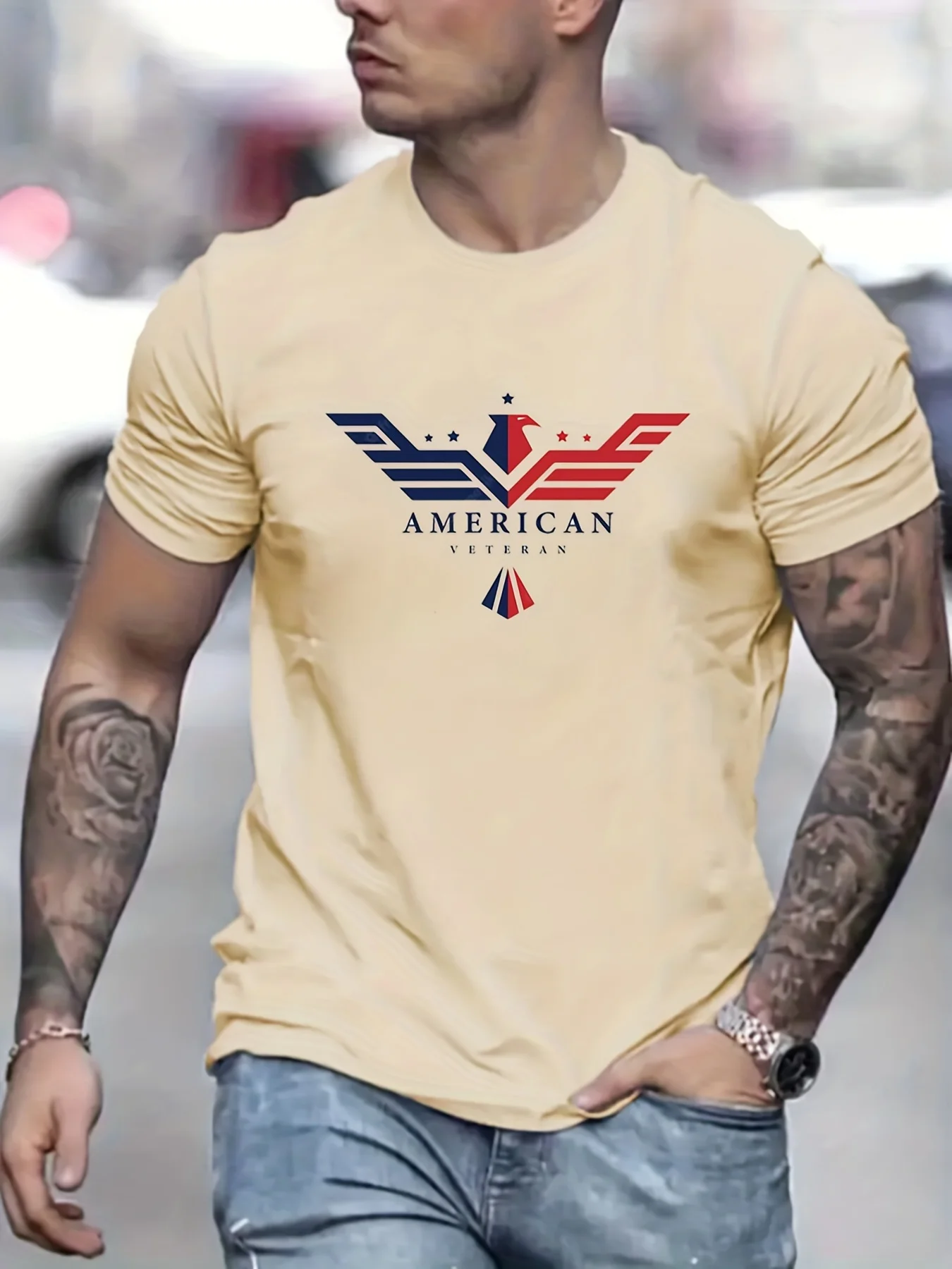 Men's Summer Loose Size Bald Eagle Usa Printed Slim Fit Casual Round Neck Short Sleeve T-shirt Top
