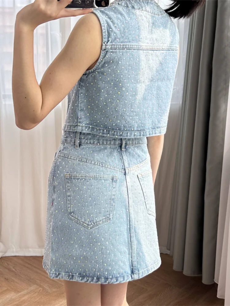 Versatile Set Heavy Industry Hot Diamond Light Blue Diamond Buckle Short denim Tank Top+A-line Skirt First Time Hearted