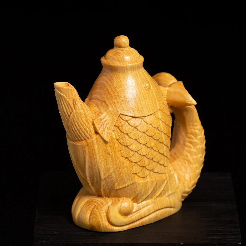 XS128-8CM Hand Carved Boxwood Carving Figurine Lucky Statue Home Decor -Carp Teapot Sculpture Folk Crafts