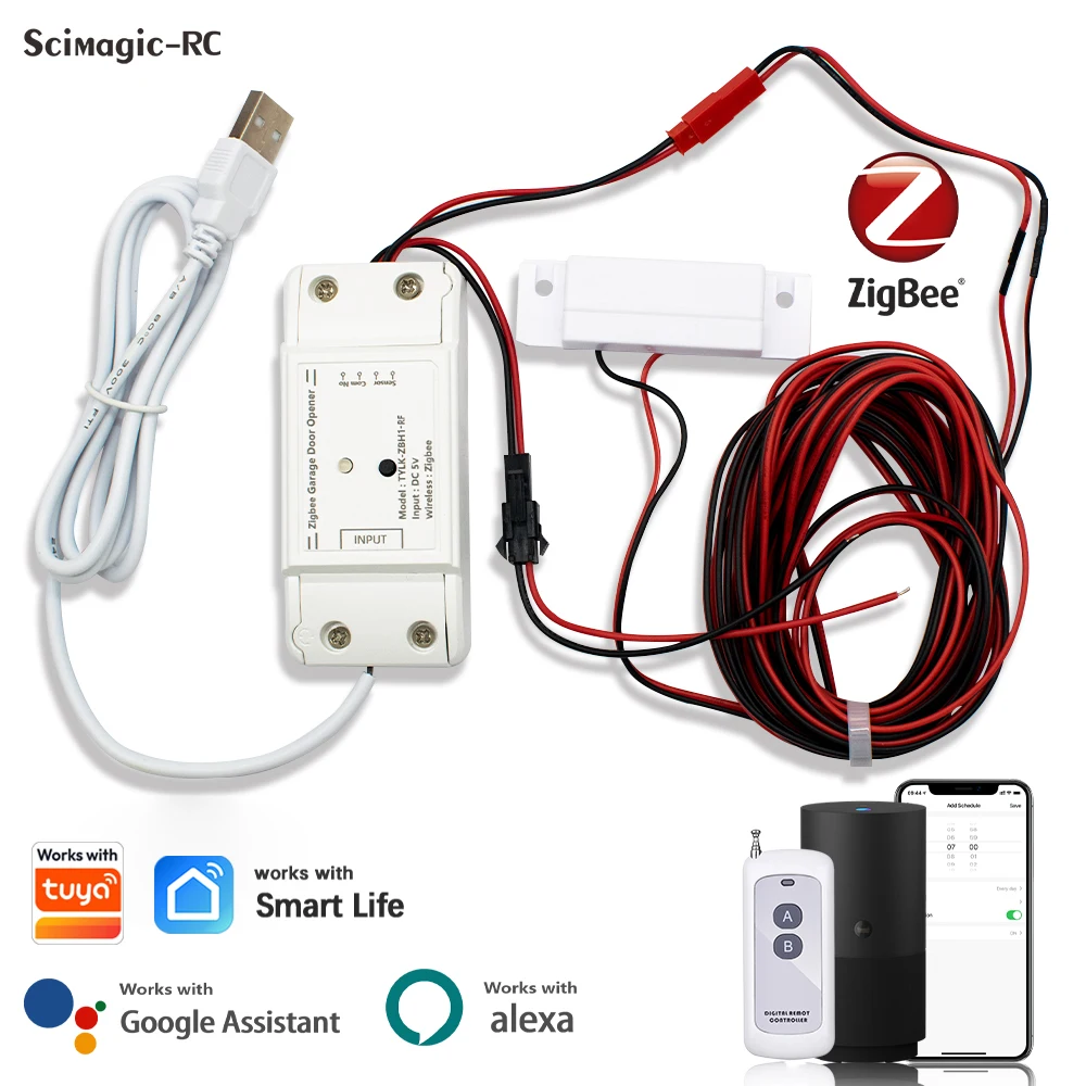 Zigbee Garage Door Opener Controller DC5V USB Powered Smart Gate Switch Module With Magnetic Sensor Works With Tuya Alexa Google