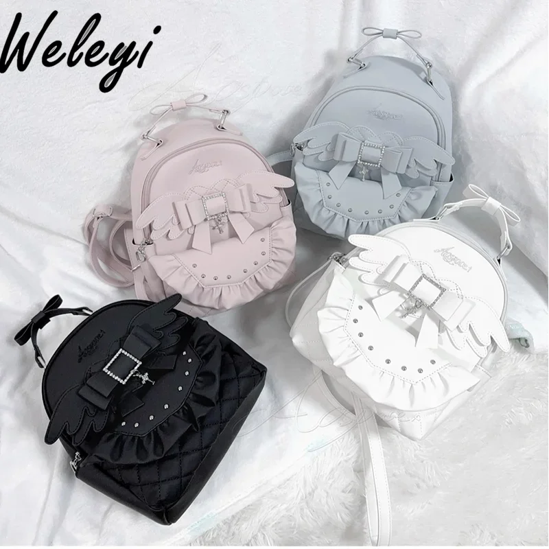 Japanese Cute Lolita Pink Backpack Sweet Girly Mine Series Mass-produced Water Color Bags Versatile Love Wing Backpacks 2024