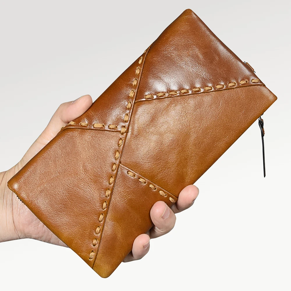 100% Genuine Leather Wallet Men Long Vintage Portomonee Cowhide Purse Women Wristlet Wallets Green Phone Bag Punk Purse