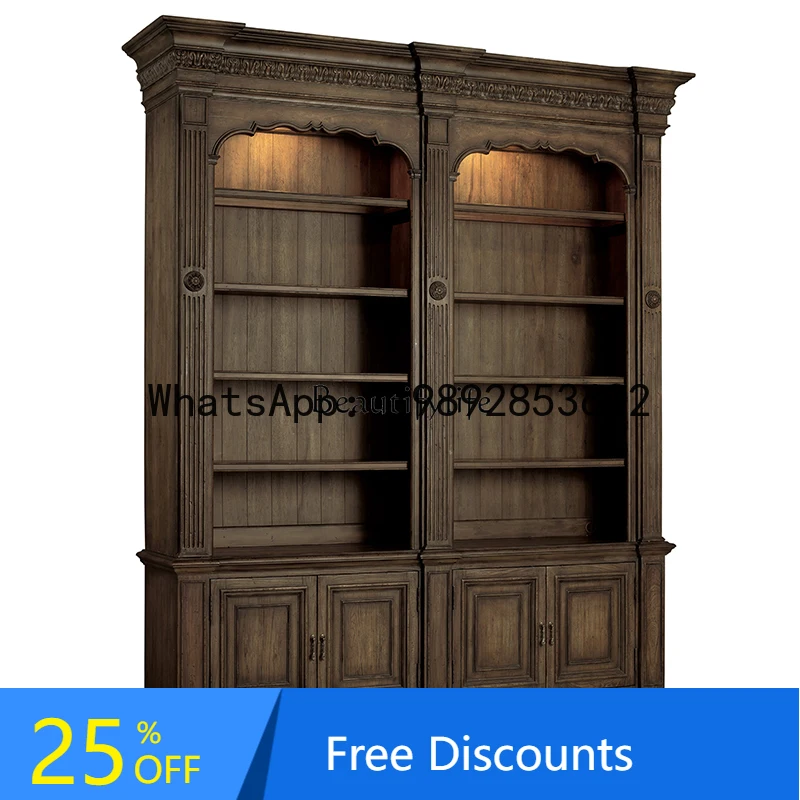 HH 05-*European antique solid wood carving flower old storage display cabinet ladder antique bookshelf