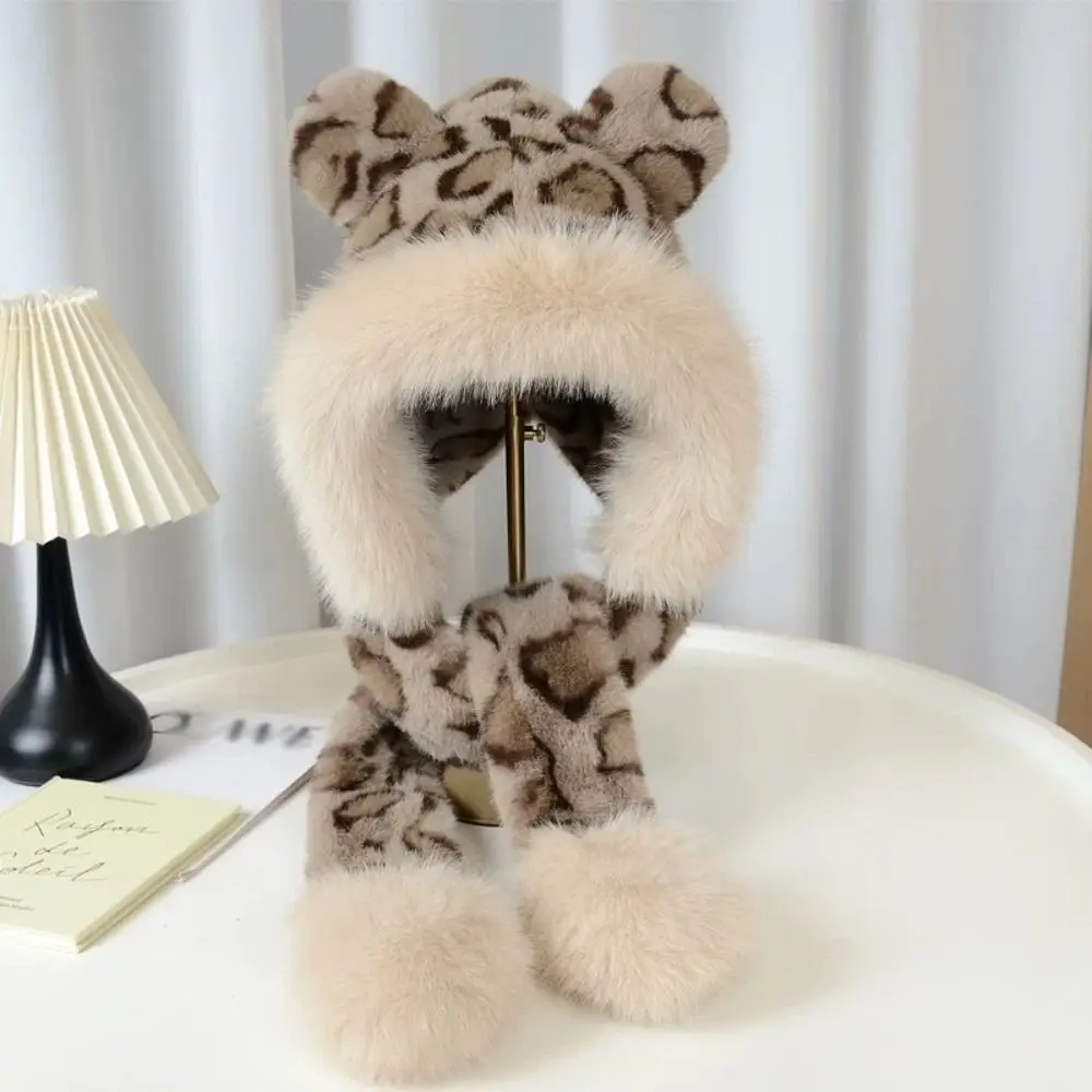 Cute 2-in-1 Leopard Print Hooded Scarf Windproof Ear Protection Winter Hat Scarf Faux Fur Keep Warm Scarf for Women