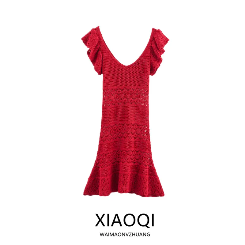 Novo Lançamento de Verão Vestido  de Malha com Decote em V para Mulheres Textura em Camadas 39903 Vestido de Cauda de P...