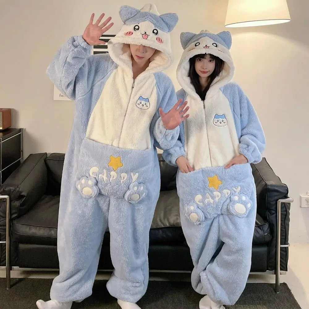 Anime chiikawa novos casais de inverno pijamas de uma peça de pelúcia casal saco de dormir flanela siamês homewear inverno dos desenhos animados pijamas