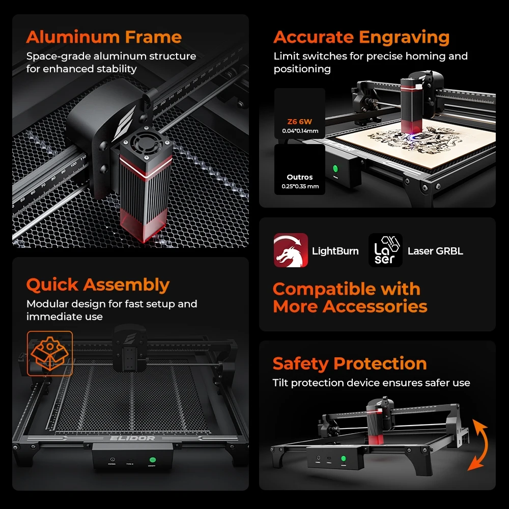 ELIDOR Z6 6Wレーザー彫刻機、作業領域300X300mm、家庭用DIYレーザー彫刻・切断、携帯電話タグ、3Dパズルの彫刻に