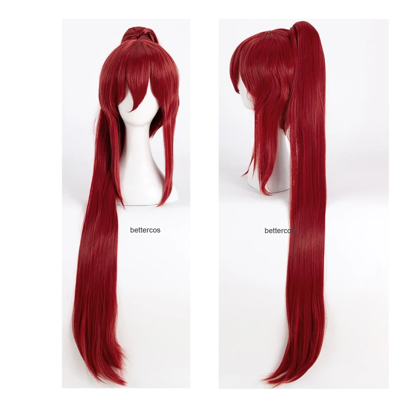 Erza-Peluca de cabello sintético escarlata para Cosplay, cabellera de 100cm de largo, color rojo vino, resistente al calor, con gorro