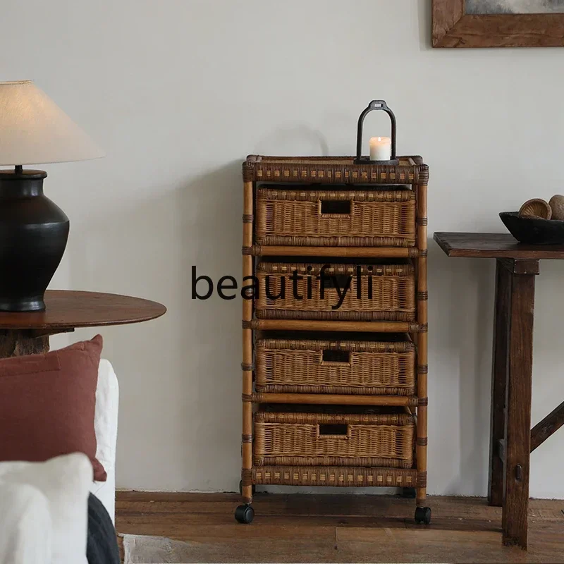 

LXNanyang retro style rattan storage cart moving side few living room bedroom shelfsss