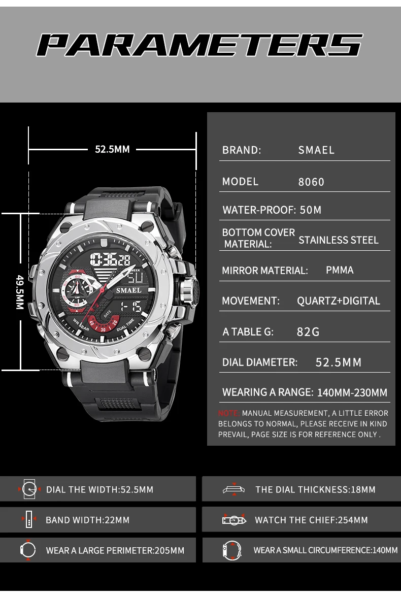 SMAEL Sport Quartz Watches LED DisplayShock Resistant 50M Waterproof Alarm Clock Analog Digitals 8060 For Men Sb6bd34172a4d45b4b0c126144b1ebcd8W