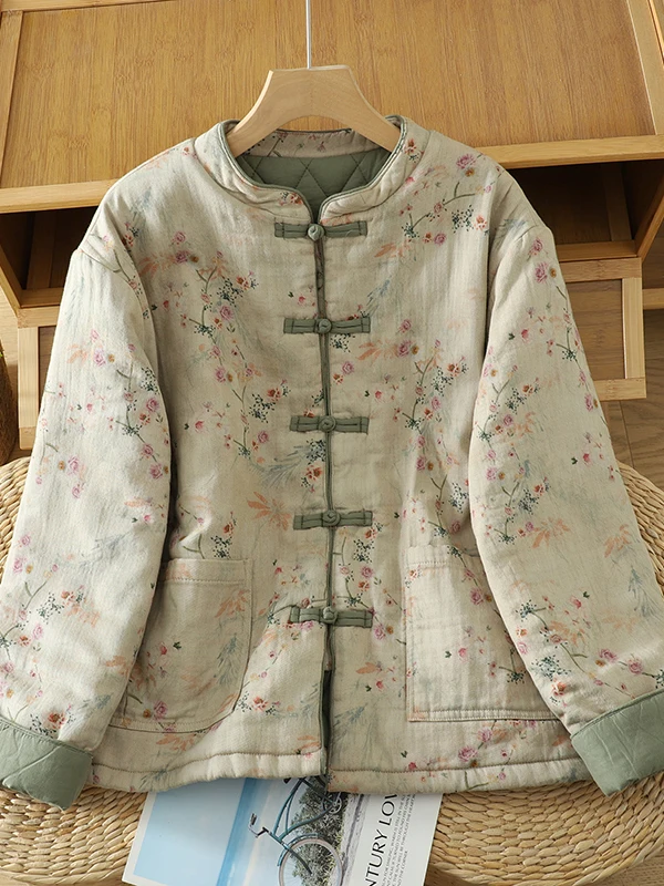 

Retro Artistic Print Cotton Linen Thiened Winter New Sle Women's Jaet Stand Collar Button up Long Sve Regular Fit Coat