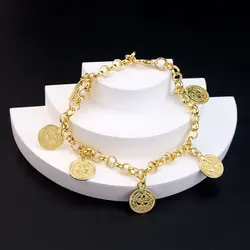 Sunspicems Gold Color Arabic Coin Chain Bracelet Sequin for Women O Style Chain Kudish Bridal Wedding Jewelry