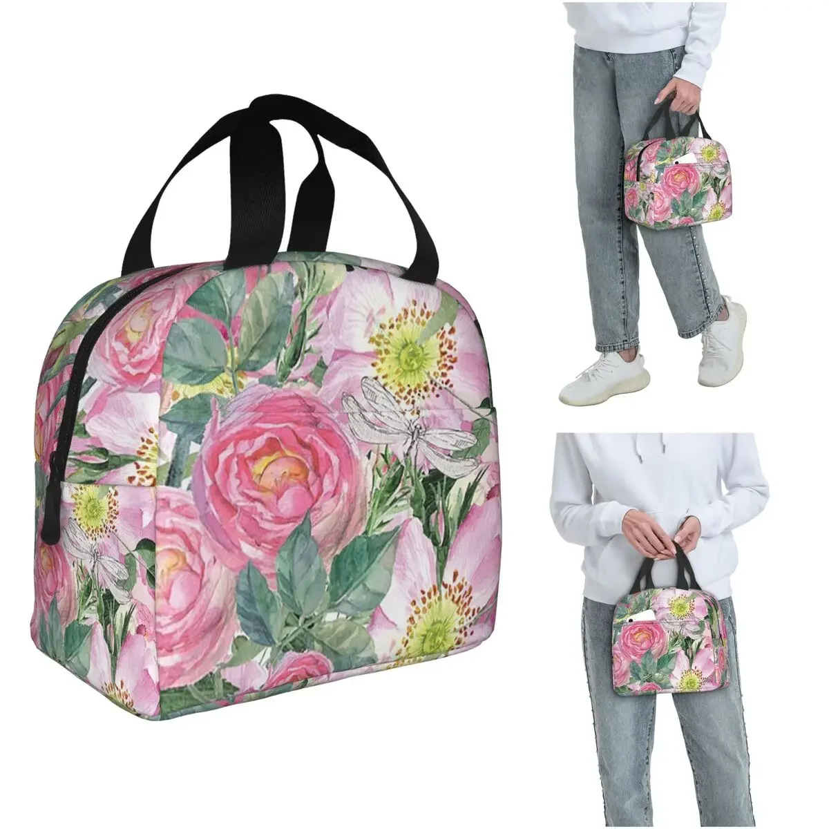 Pink Rose Botanical Garden Watercolor Insulated Lunch Bag for Women Children Portable Food Boxes Thermal Lunch Box Tote