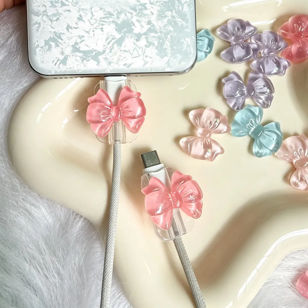 Cute Glitter Bowknot Cable Protector Anti-Break Data Cord Saver Wire Clip For iPhone 17 16 Type C USB Charger Drop shipping